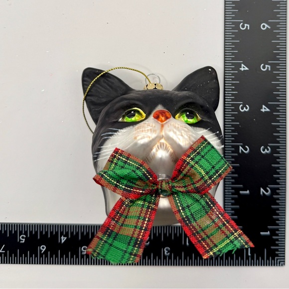 Festive Christmas Cat / Kitty Ornament with Plaid Bow and Bell - Picture 2 of 7